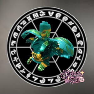 May include: A teal and gold action figure with articulated limbs and a detailed design. The figure is set against a black circular background with white symbols. The image has a stylized, fantasy theme.