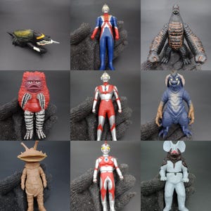 May include: Nine colourful action figures of various monsters and superheroes. The figures include a black and yellow turtle-like creature, several humanoid figures in red, blue, and silver, and other unique monster designs.