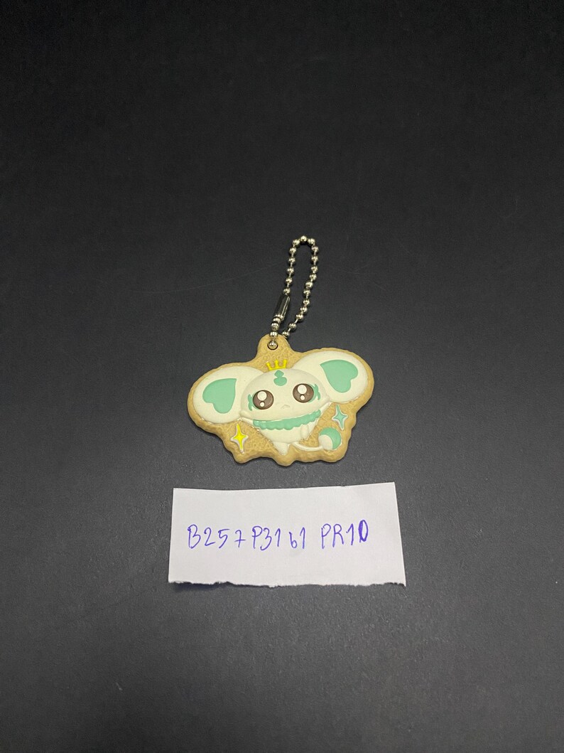 K&ouml;nnte beinhalten: Ein Schl&uuml;sselanh&auml;nger mit einem Cartoon-Charakter, der ein hellbraunes, keksartiges Design, mintgr&uuml;ne Akzente und eine silberne Kette aufweist. Der Charakter hat gro&szlig;e Augen und Sterndetails. Ein wei&szlig;es Etikett darunter lautet "B257 P3161 PR10".