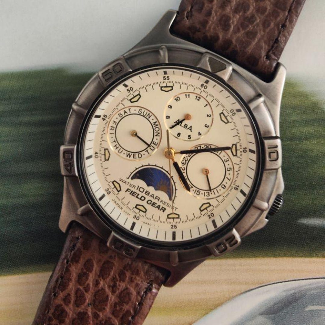 稼働 SEIKO ALBA 腕時計 サン＆ムーンフェイズ 新品レザー 1120 稼働