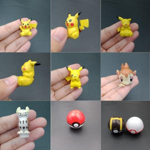 May include: A collection of small, colorful figurines featuring characters from the popular Pokémon franchise. The figurines include Pikachu in various poses, a brown and tan monkey-like creature, a white owl, and several Poké Balls.