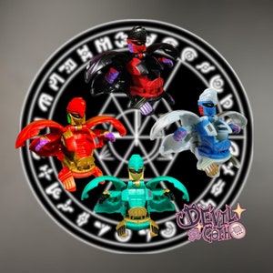 May include: Four colorful toy robots with spinning tops, each with a different design and color scheme. The robots are arranged in a circle around a black and white circular design.