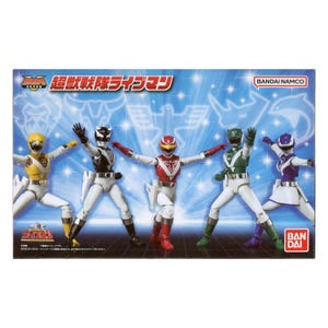 May include: A rectangular product box featuring five action figures from Super Sentai Liveman. The figures are yellow, black, red, green, and purple, each wearing a white suit with colored accents. The background is blue with starbursts.