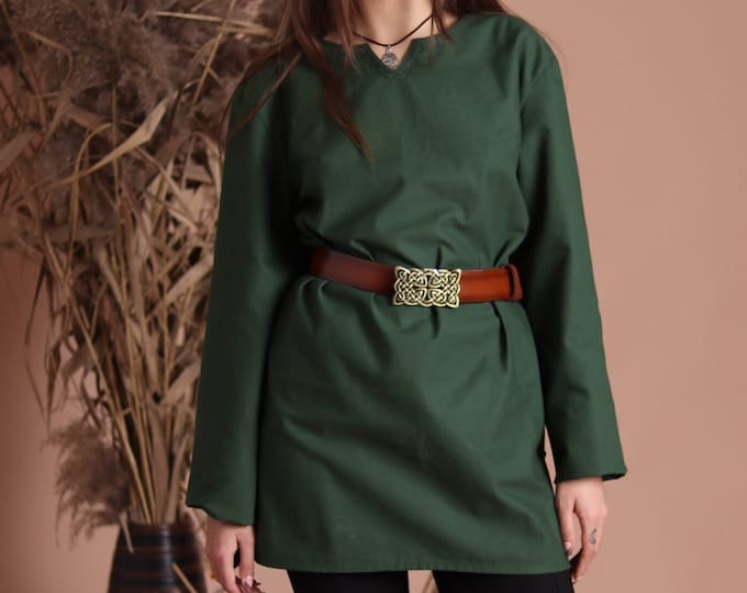 Hand Stitched Green Cotton Tunic Dress, Viking Renaissance Outfit