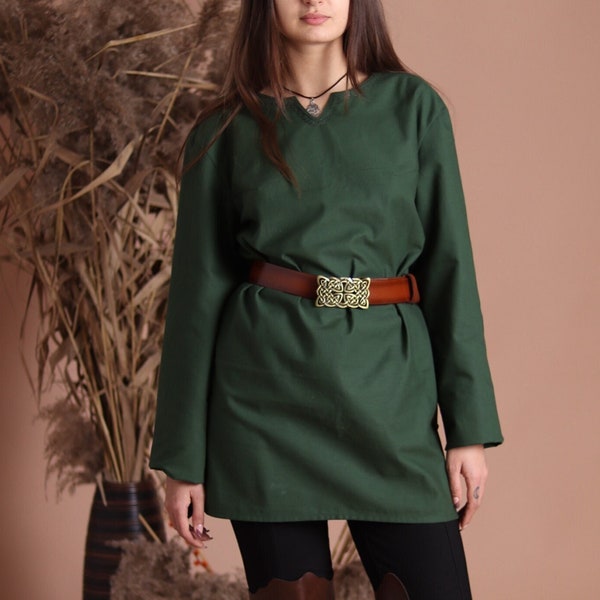 Green Medieval tunic for women, Cotton viking shirt, Hand stitched shieldmaiden's dress, Renaissance tunic, LARP, cosplay, renfaire outfit