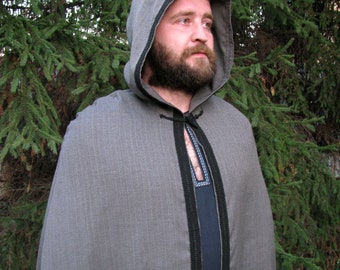 Medieval cloak for men Gray wool hooded cape with black trim Long renaissance cape LARP Cosplay Renfaire outfit