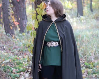 Green Wool Hooded Cape with Golden Trim, Elven Medieval Cloak