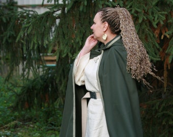 Green Hooded Cape with Silver Trim, Elven Medieval Cloak