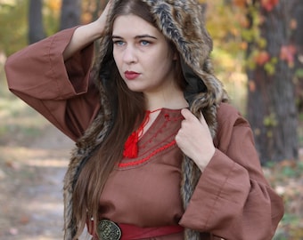 Medieval brown pagan tunic for women, Cotton viking shirt, Embroidered shieldmaiden dress, Renaissance tunic, LARP, cosplay, renfaire outfit