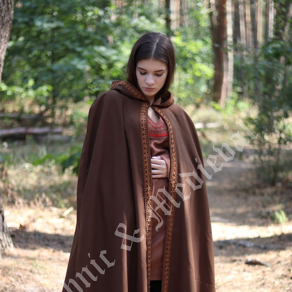 Brown hooded viking cloak Wool shieldmaiden's cape with leather trim  Elven clothes  Medieval princess LARP Cosplay Reanactment Renaissance