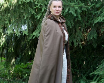 Brown hooded cloak with golden braid Wool hooded viking cape Medieval princess cape LARP Cosplay Reanactment Renaissance