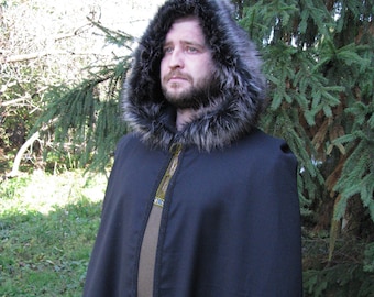 Wool Medieval Cloak with Faux Fur Hood - Viking Renaissance Cape