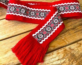 NEW! Red & white hand woven belt with trim, Ukrainian kraika, wide 3" traditional slavic sash, Christmas gift