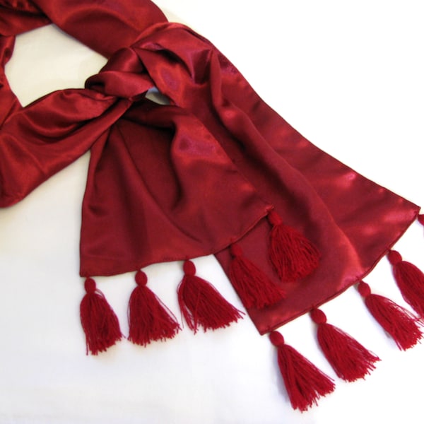 Red pirate sash with tassels Extra wide and long burgundy silk belt Medieval satin sash Renaissance costume