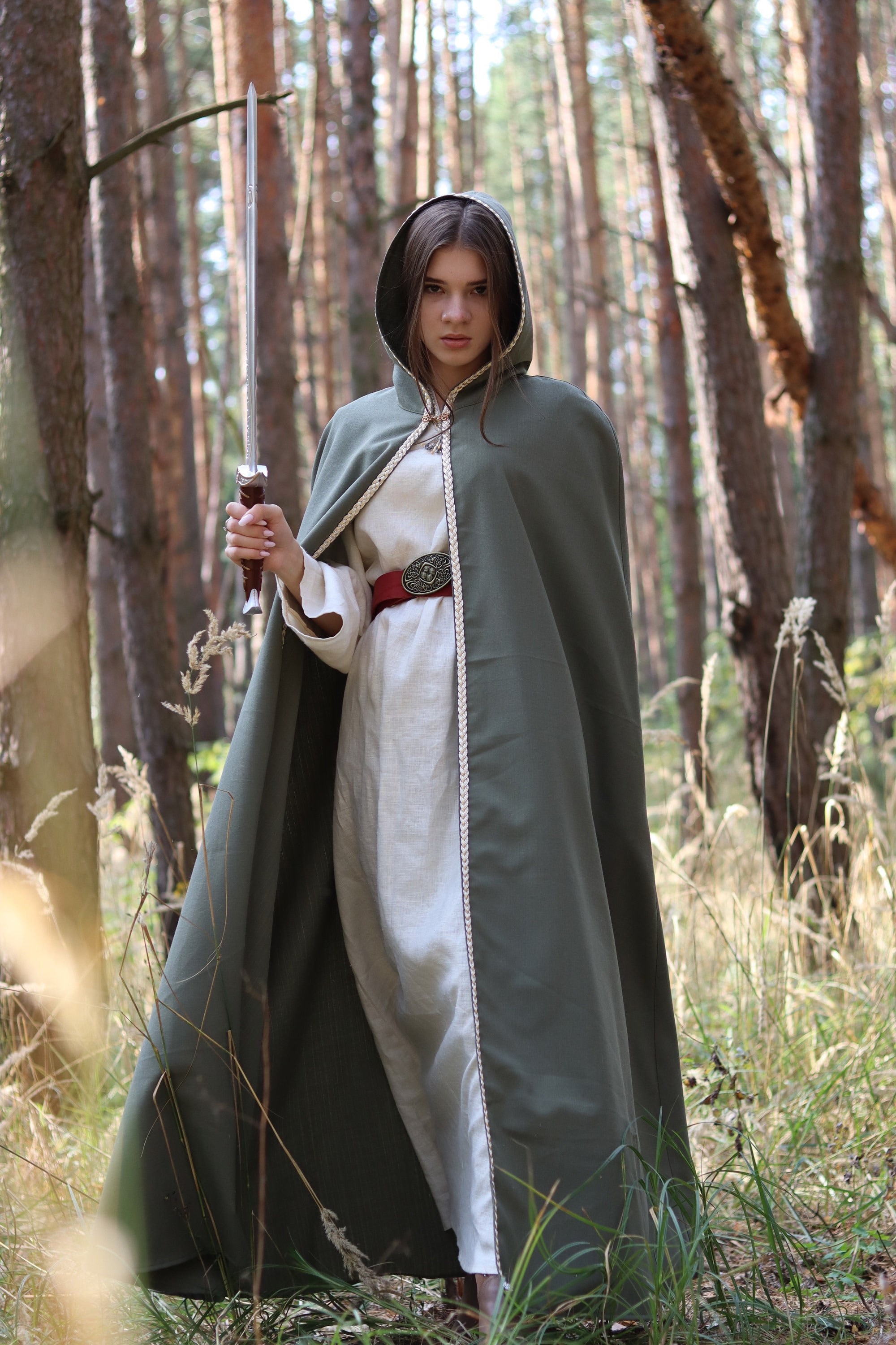 Green Hooded Viking Cape With Braided Trim Elven Cloak