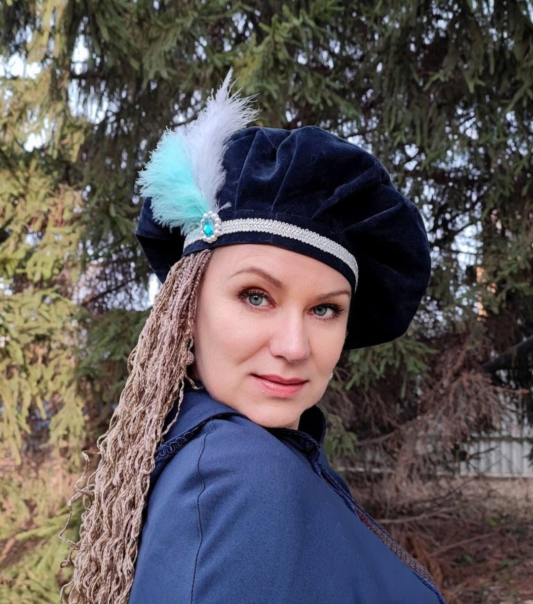 Velvet Renaissance Beret: Midnight Blue Medieval Hat With Feather