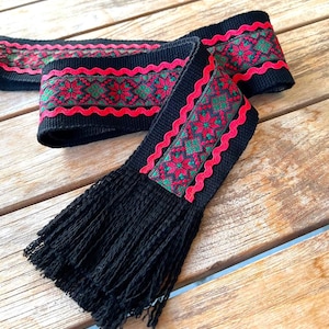 NEW! Black Green & Red hand woven belt with trim, Ukrainian kraika, wide 3&quot; traditional slavic sash, Christmas gift