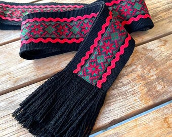 Black Green & Red hand woven belt with trim, Ukrainian kraika, wide 3" traditional slavic sash
