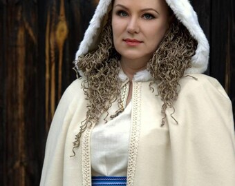 Off white wedding hooded cape Ivory medieval cloak with white fur Vegan wool Renfaire costume, Elven garment, LARP Cosplay Reenactment