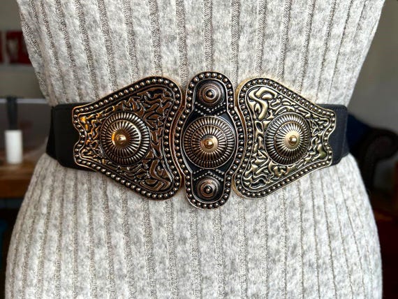 Black Medieval Belt, Vegan Leather Belt With Large Gold