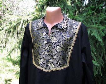 Schwarze Baumwolle Tunika, Goldener Drachen Brokat, LARP Kostüm