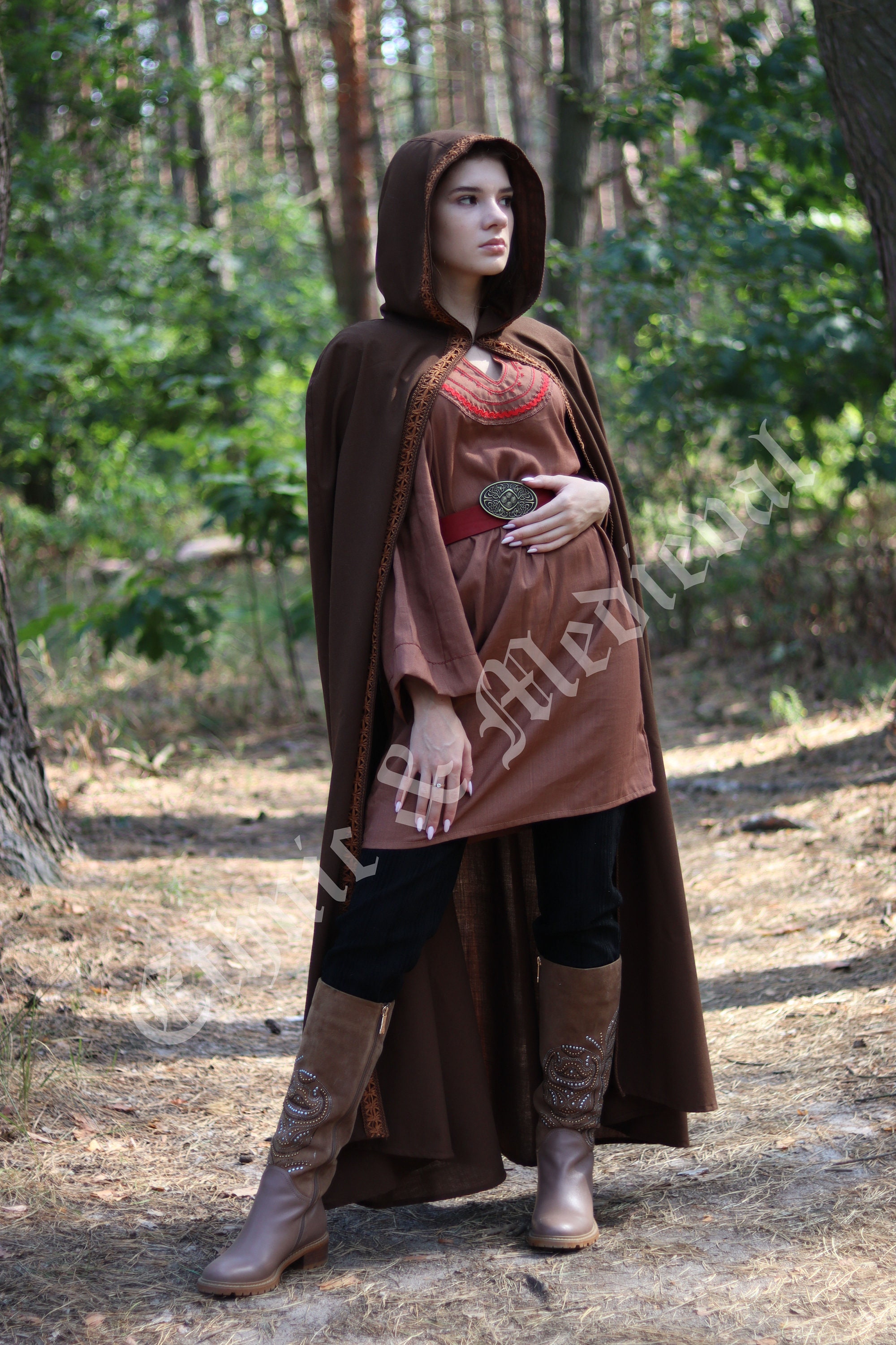 Brown Hooded Viking Cloak Wool Shieldmaiden's Cape With Leather Trim ...