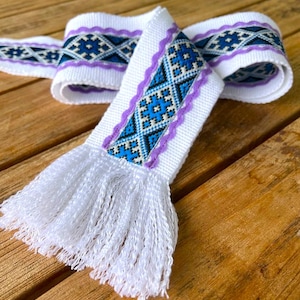 NEW! White & blue hand woven belt with trim, Ukrainian kraika, wide 3&quot; traditional slavic sash, Christmas gift