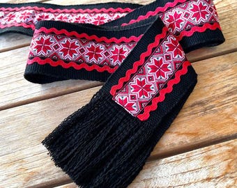 NEW! Black & Red hand woven belt with trim, Ukrainian kraika, wide 3" traditional slavic sash, Christmas gift