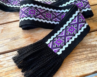 NEW! Black purple & white hand woven belt with trim, Ukrainian kraika, wide 3" traditional slavic sash, Christmas gift
