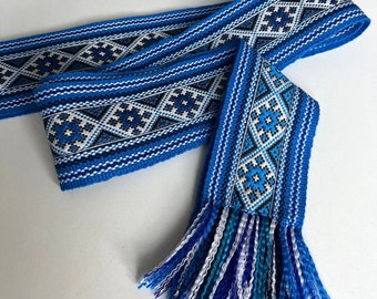 NEW! Blue striped hand woven belt with trim, Ukrainian kraika, wide 3" traditional slavic sash