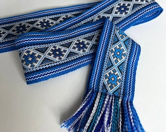 Blue Woven Ukrainian Sash Belt, Hand Woven, 3" Wide