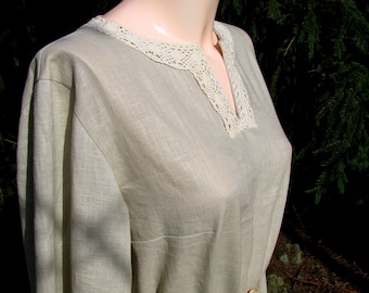Linen Viking Dress: Long Medieval Tunic with Lace Trim