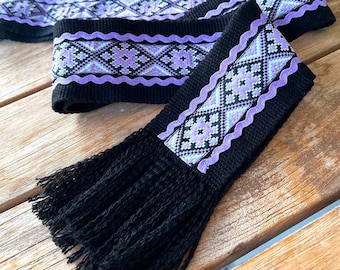 Black & lilac hand woven belt with trim, Ukrainian kraika, wide 3" traditional slavic sash