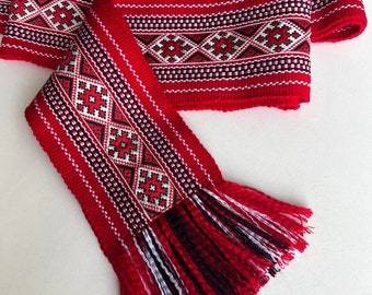Red hand woven belt, Ukrainian kraika, wide 4" traditional slavic sash