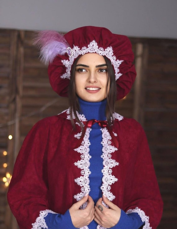 Red Velvet Medieval Beret With Pink Ostrich Feather & Brooch 