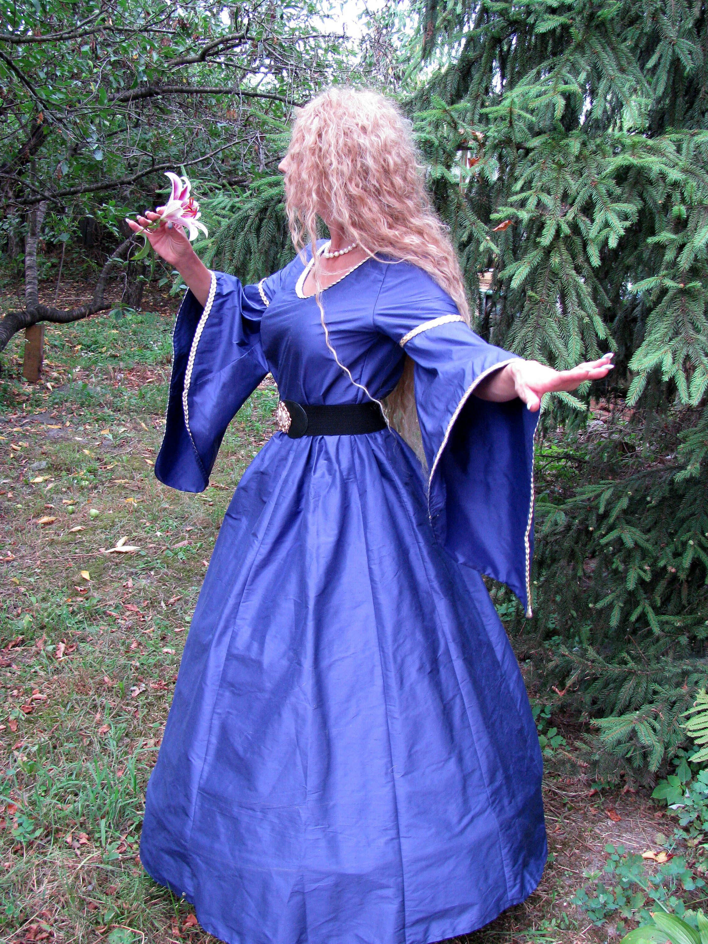 Blue Raw Silk Renaissance Dress, Gold Trim Elven Gown, LARP Costume