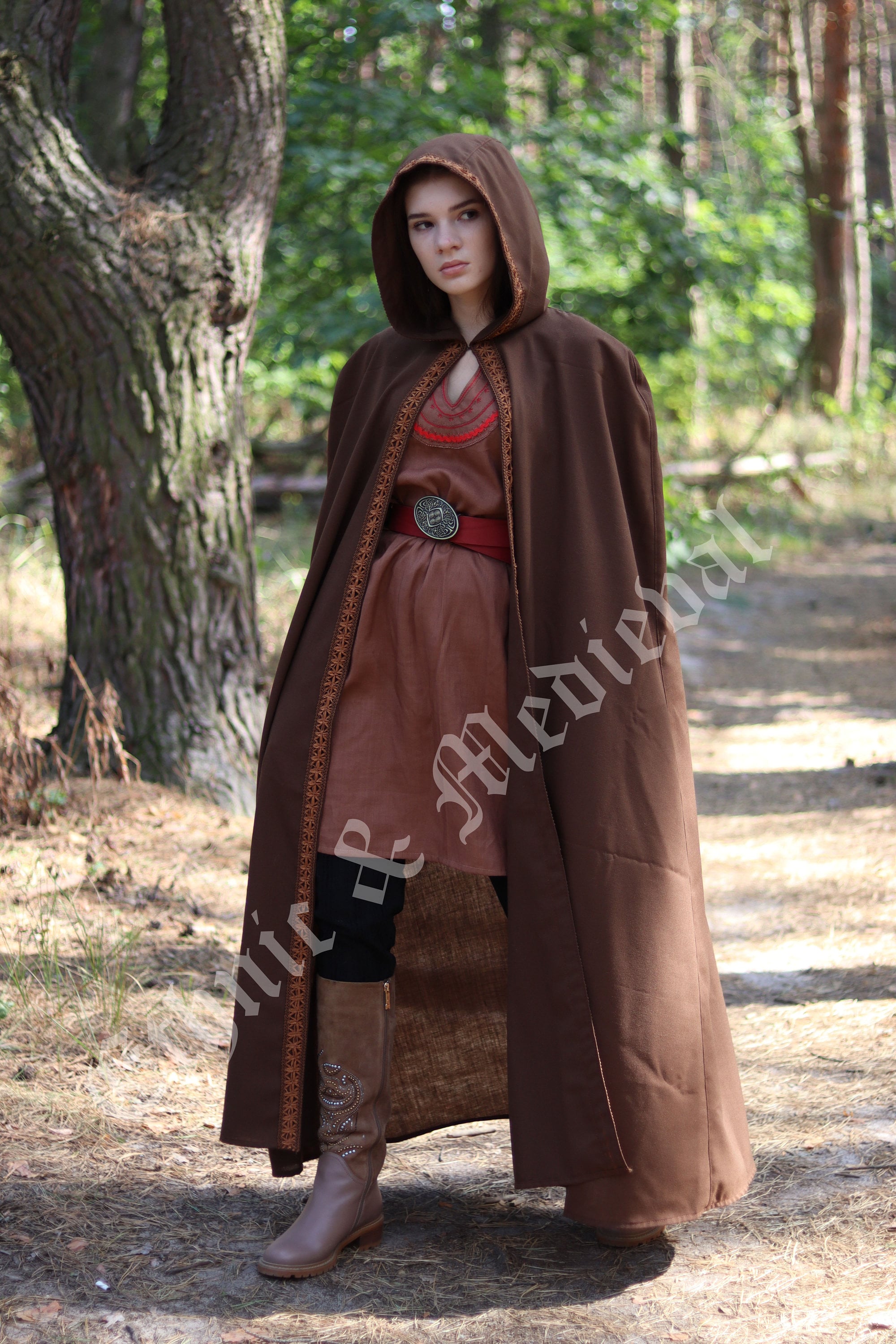 Brown Hooded Viking Cloak Wool Shieldmaiden's Cape With Leather Trim ...