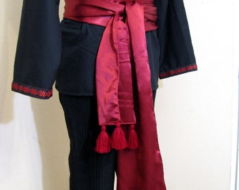 Cherry red pirate sash with tassels Extra wide and long burgundy silk belt Medieval satin sash Renaissance costume