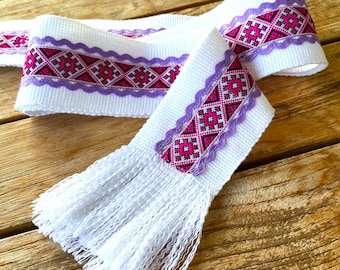 NEW! White Lilac & Red hand woven belt with trim, Ukrainian kraika, wide 3" traditional slavic sash, Christmas gift