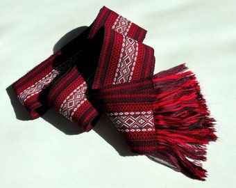 Handwoven Burgundy Belt, Ukrainian Kraika Sash, Boho Waistband