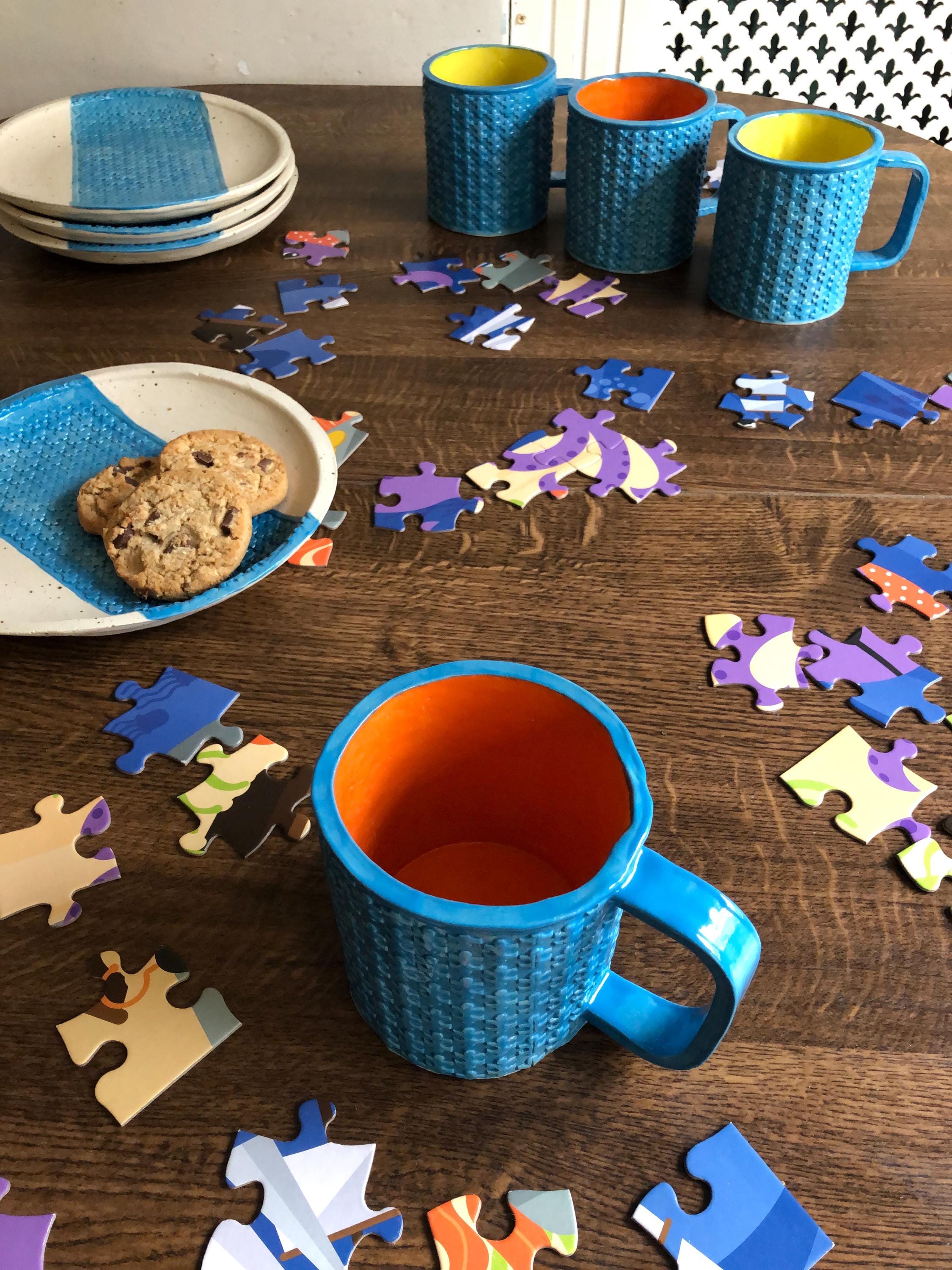 手作りパズルマグカップ、青とオレンジ、大 - Etsy 日本