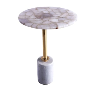 14&quot; White Quartz Round Gemstone Accent Side Table with Polished Brass Metal base and White Marble - Handmade Unique Table for Living Spaces