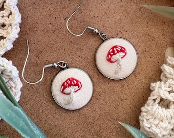 Hand Embroidered Toadstool Mushroom Earrings: Cottagecore Forest Jewelry