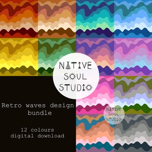Puede incluir: Un conjunto de 12 patrones digitales sin costuras que presentan ondas retro en varios colores. Los patrones son perfectos para agregar un toque vintage a tus diseños. "NATIVE SOUL STUDIO" está escrito en el centro de la imagen.