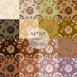 May include: A set of 12 digital seamless patterns featuring tie-dye designs in various shades of brown, beige, and white. The patterns are arranged in a grid with the text "NATIVE SOUL STUDIO" in the center.
