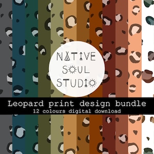 May include: A digital download bundle of 12 leopard print designs in various colors. The designs are seamless and can be used for a variety of projects. The text "NATIVE SOUL STUDIO" is in the center of the image.