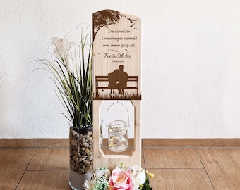 Wooden display wedding gift personalized with name and date