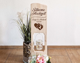 Wooden stand wooden sign silver wedding with names and lantern