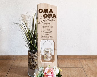 Wooden stand grandma and grandpa gift personalized with names of grandchildren and a lantern