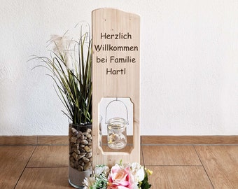 Holzschild - Herzlich Willkommen mit Familiennamen personalisiert ( Haustürdekoration)